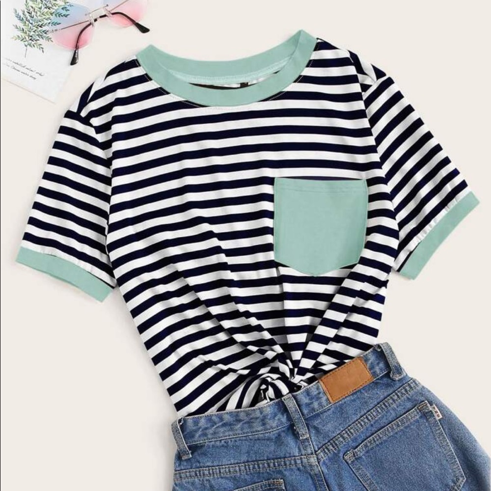 {NWOT} SHEIN Patch Pocket Striped Ringer Tee